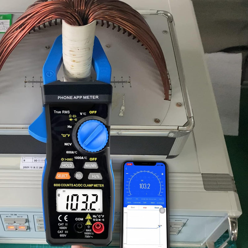 Bluetooth Strommesszange, AC DC Digital Clamp Meter 6000Count TRMS, NCV Voltmeter Amperemeter Ohmmet