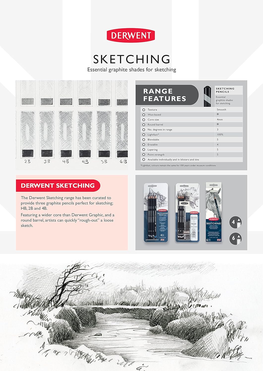 Derwent Sketching Collection, Kollektion von Bleistiften und Skizzierstiften in einer Geschenk-Box a