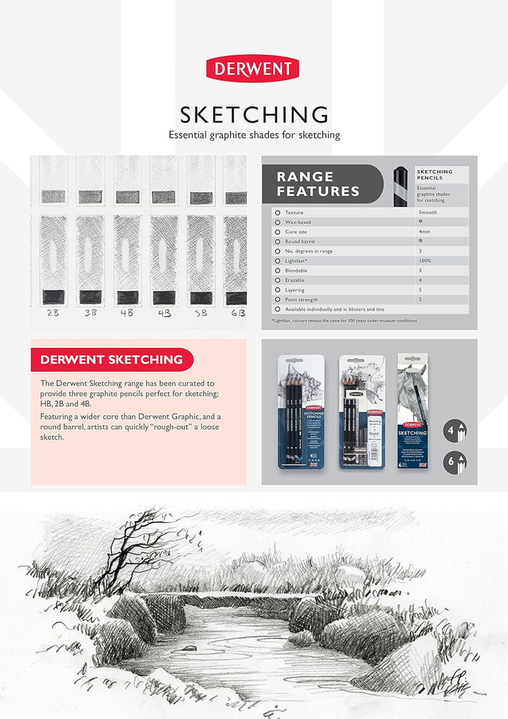 Derwent Sketching Collection, Kollektion von Bleistiften und Skizzierstiften in einer Geschenk-Box a