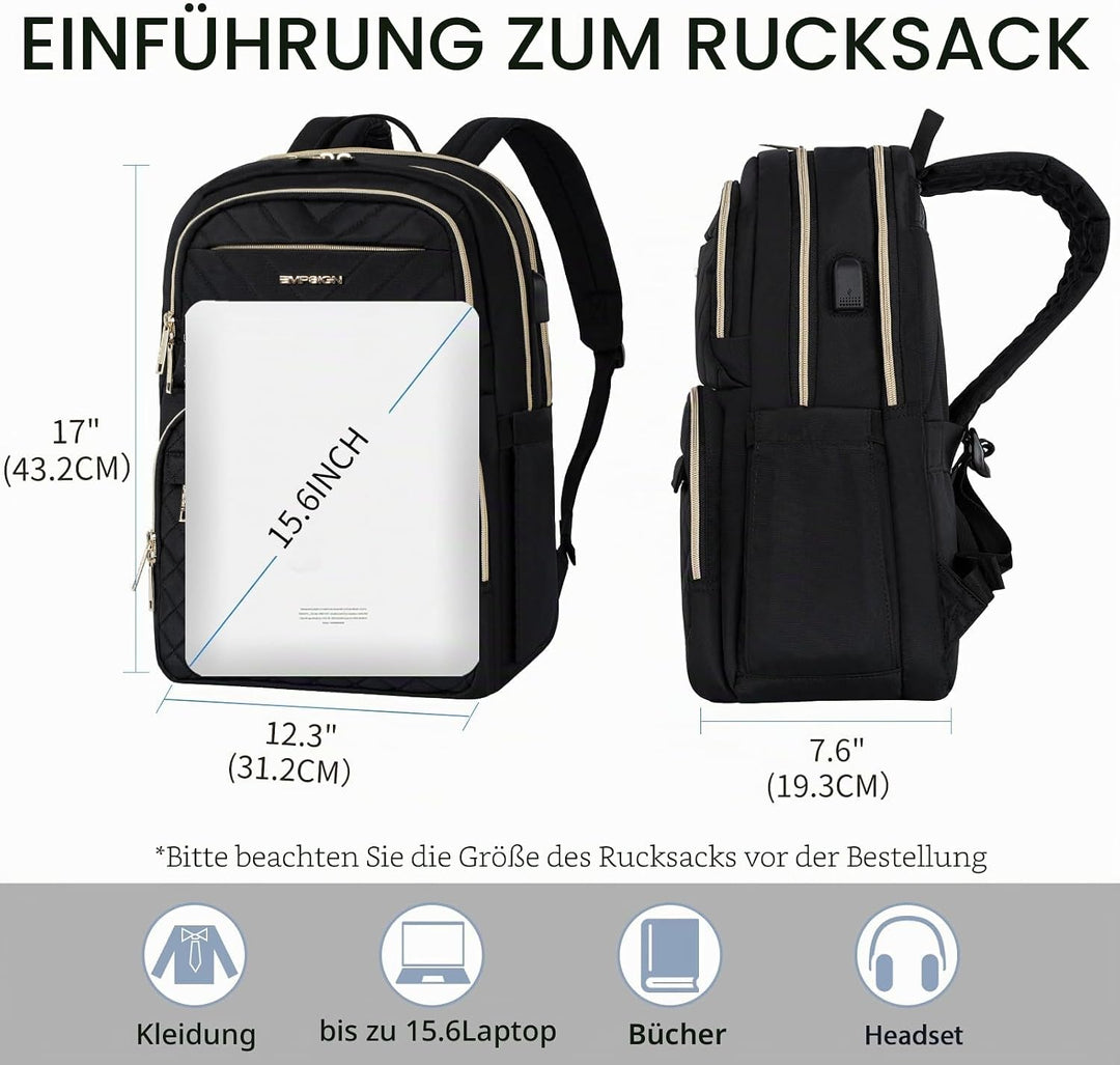 EMPSIGN Damen Rucksack, 15,6 Zoll Laptop Schultasche mit USB-Anschluss, Reiserucksack Wasserdichter