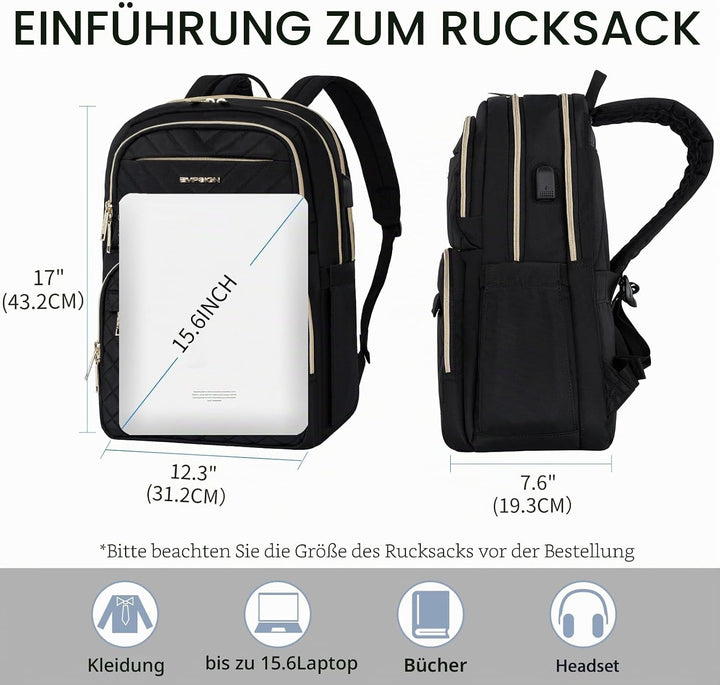 EMPSIGN Damen Rucksack, 15,6 Zoll Laptop Schultasche mit USB-Anschluss, Reiserucksack Wasserdichter