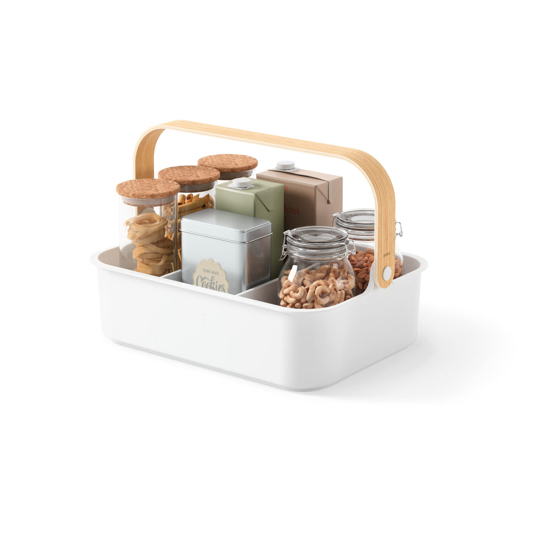 Umbra Bellwood Bin stapelbarer Behälter, Organizer mit entnehmbaren Trennwänden, Weiss/Natur, 36x26x