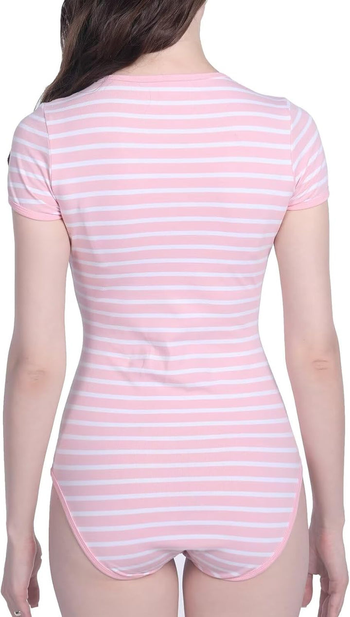 Landofgenie Bodys für Damen Einteiler Bodysuit Jumpsuit Baumwolle Kurzarm Nette Onesie Pyjamas Nacht