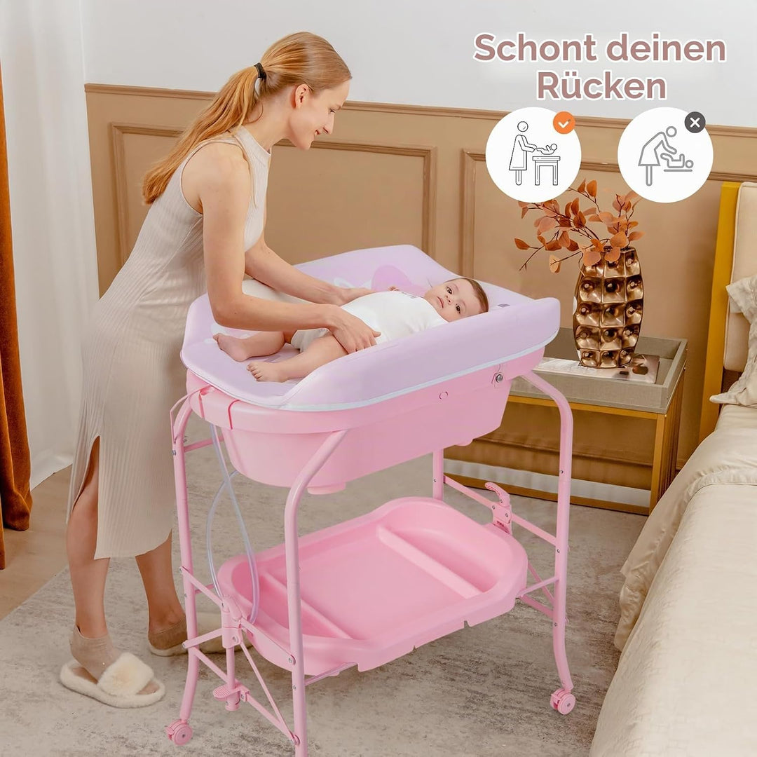 LIFEZEAL Wickeltisch mit Badewanne, 2 in 1 Flatbare Bade-Wickelkombination auf Räder, Badewannenaufs
