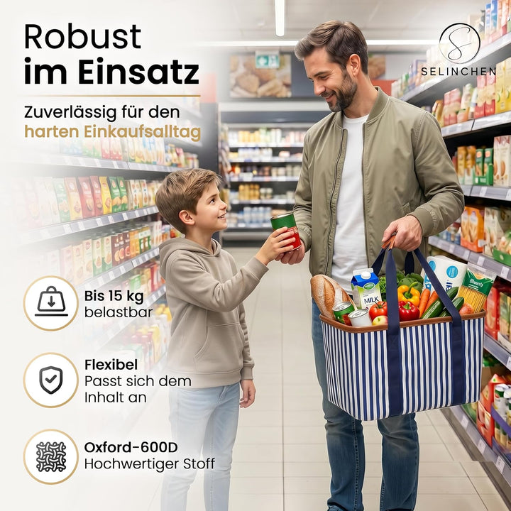 Selinchen® - Premium Einkaufskorb | Hochwertige Einkaufstasche faltbar und mit PU-Ledergriff | Ideal
