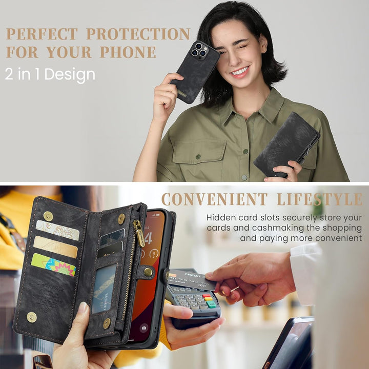 UFinetech für iPhone 15 Pro Hülle, Flip Leder TPU Stossfest Kartenfach Tasche Handyhülle für iPhone