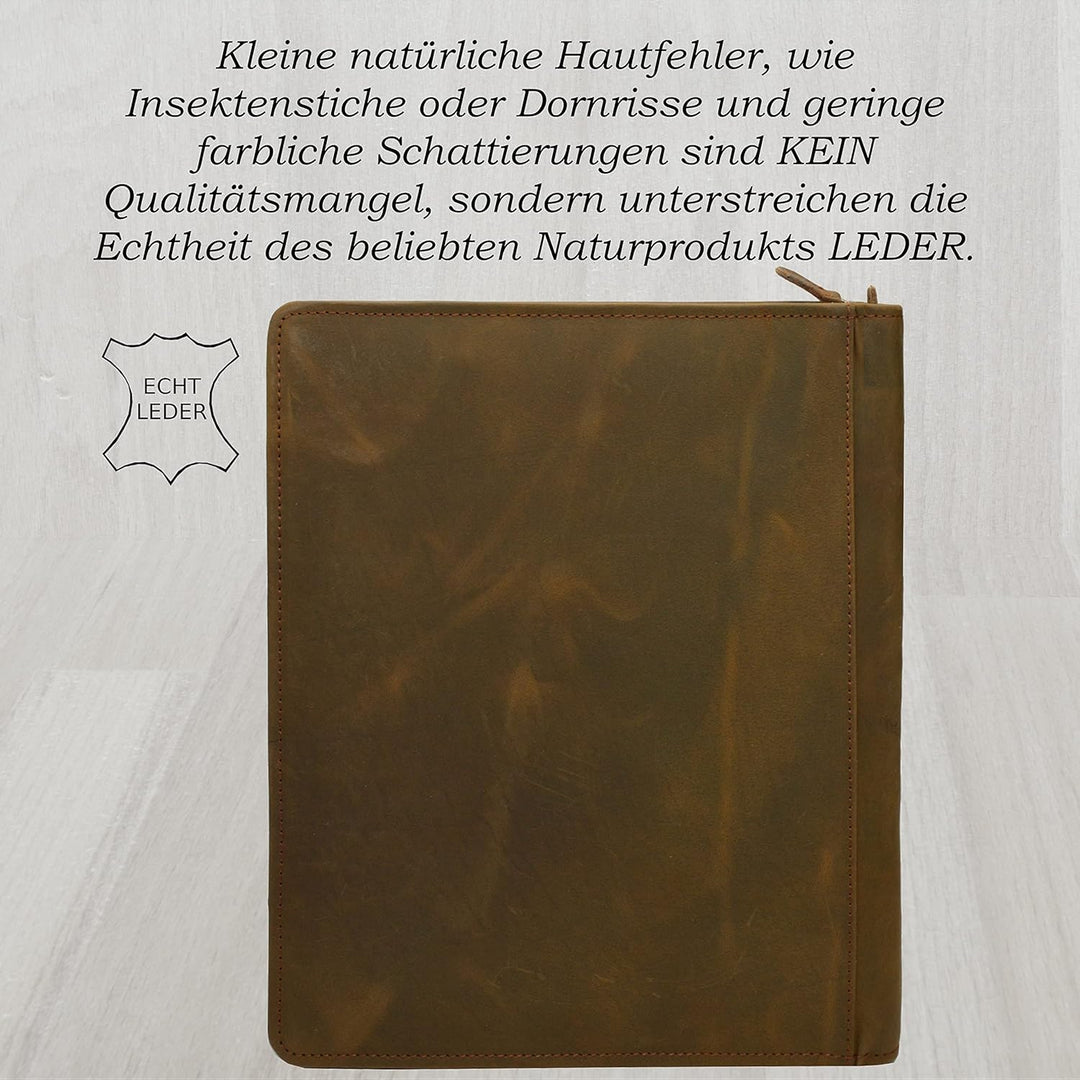 flevado Leder Schreibmappe Organizer Arbeitstasche Studium Konferenz Tasche braun