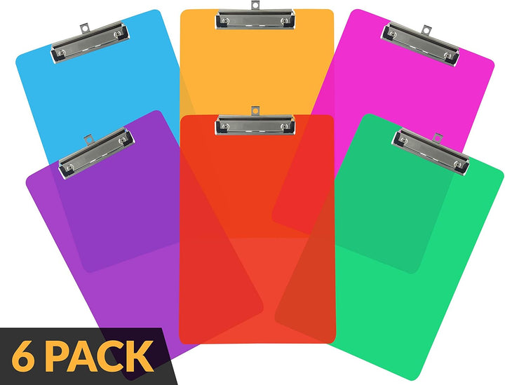 6 Coloured Plastic Clipboards | Strong 12.5 x 9 Inch (A4 Size) Multi Pack Clipboard | Holds 100 Shee