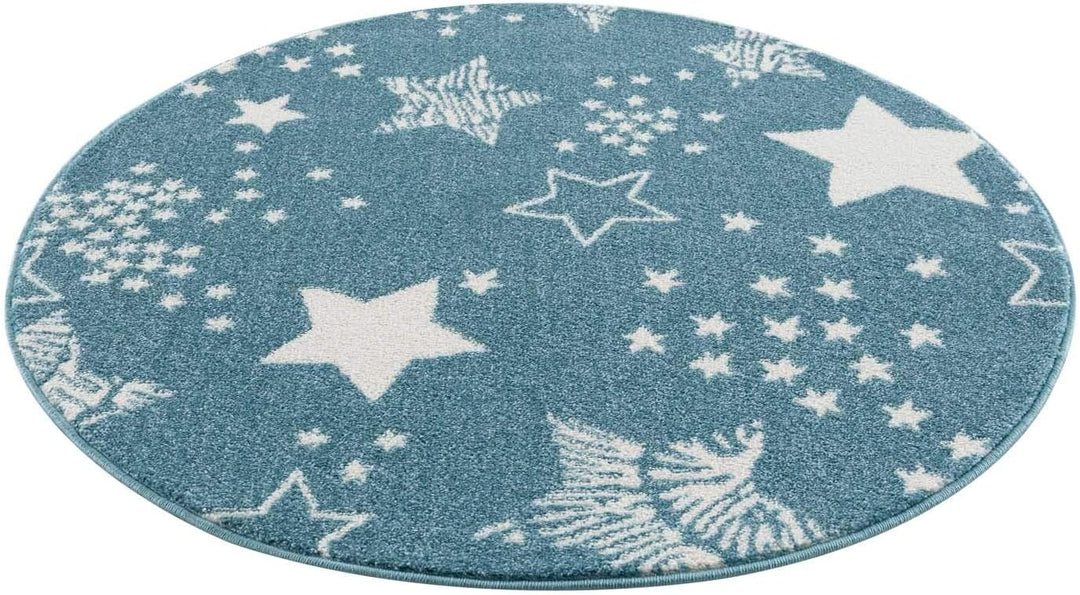 carpet city Kinderteppich - Sterne Sternen-Himmel 120 cm Rund Blau - Kinderzimmer Teppich Modern 120