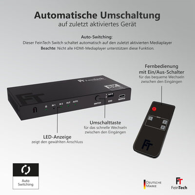 FeinTech SW212 HDMI 2.1 Switch 2 In 1 Out mit HDMI Audio Extractor 4K 120Hz und automatischer Umscha