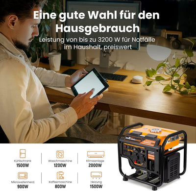 3200W Inverter-Generator, Benzin 4-Takt Backup-Stromversorgung mit Parallell-Funktion, mit AC/DC/USB