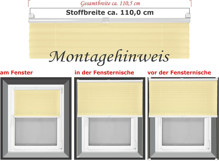 Plissee - vormontiert und mit Klemmfixierung am Fensterahmen - kinderleichte 3-Step Montage, ca. 110