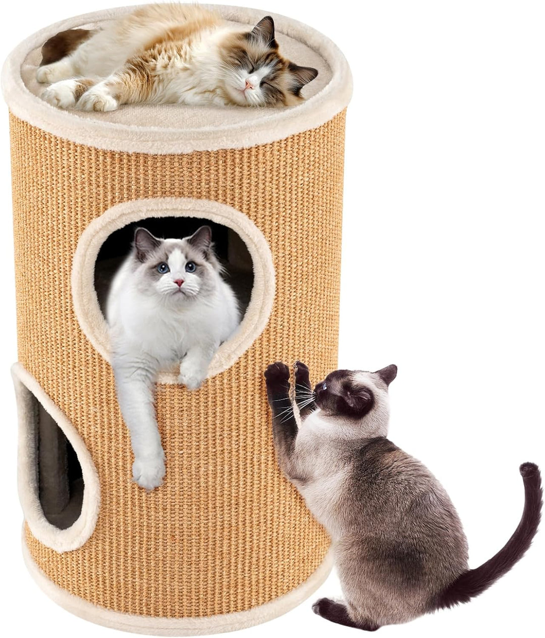 COSTWAY Kratztonne, Ø 36 cm, 59,5 cm hoch, Katzentonne mit Sisal-Kratzbrett, 3 Katzenhöhlen, Plüschb