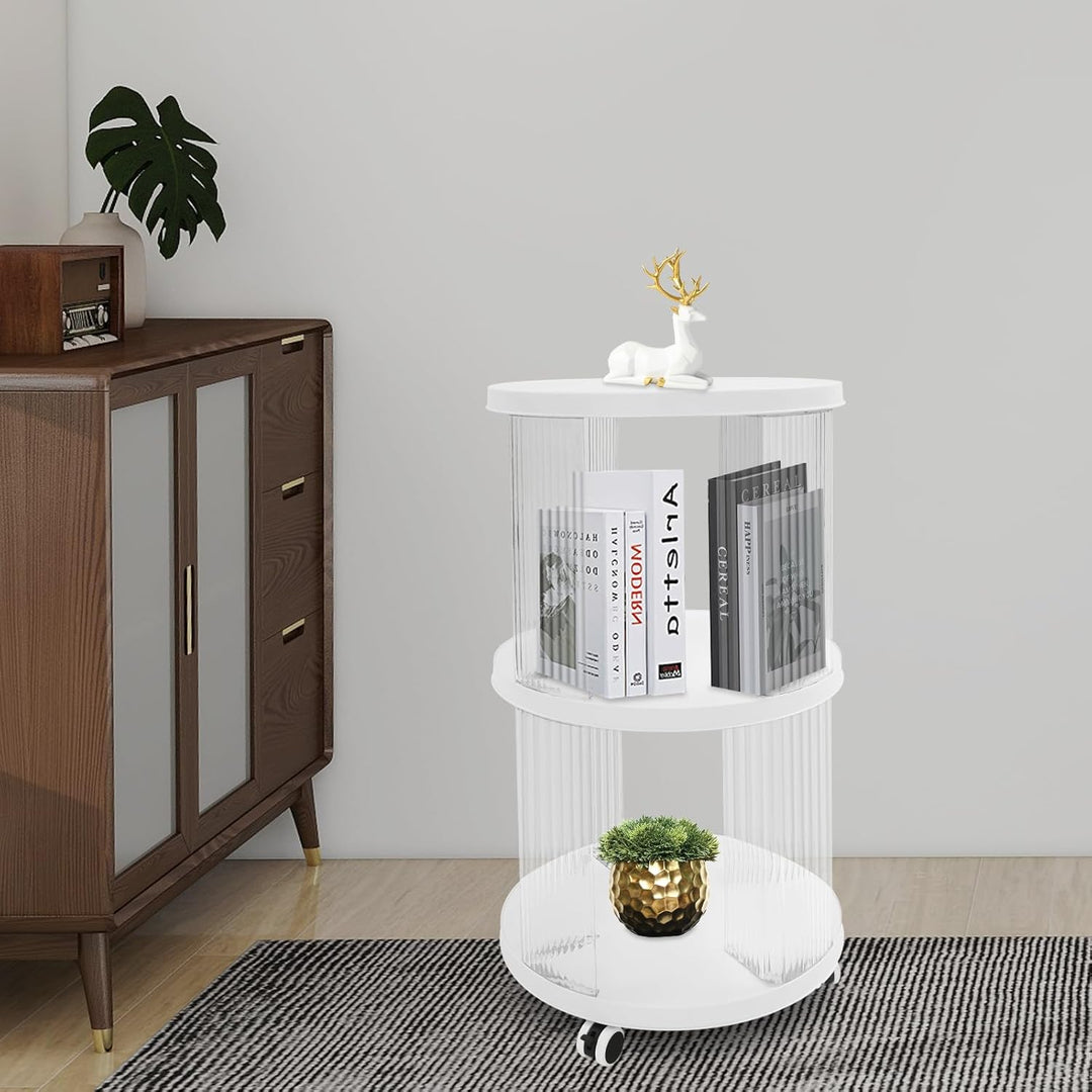 Bücherregal drehbar Klein 40,5x72,5cm Rund 2 Etagen Weiss Klar Freistehend | 4 Rollen mit Bremse ABS