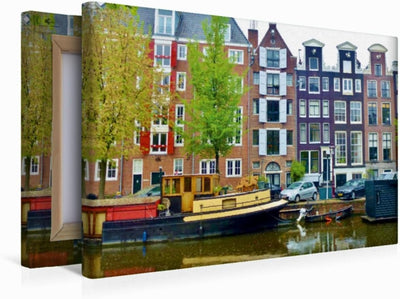 Premium Textil-Leinwand 45 x 30 cm Quer-Format Amsterdam - Gracht mit Hausboot | Wandbild, HD-Bild a