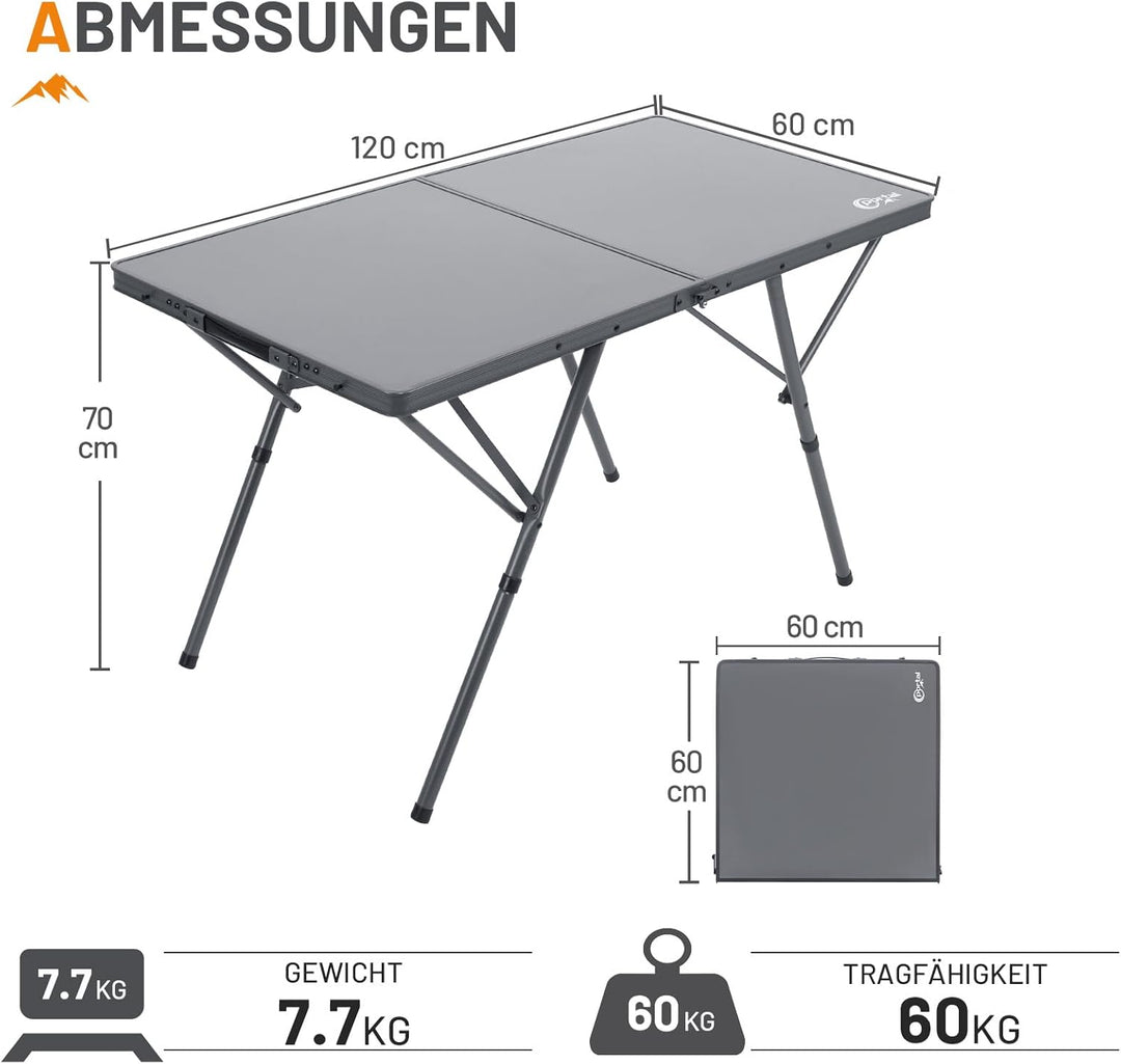 Portal Campingtisch faltbar 120x60cm extra grosse Tischplatte Aluminium Höhenverstellbar Klapptisch