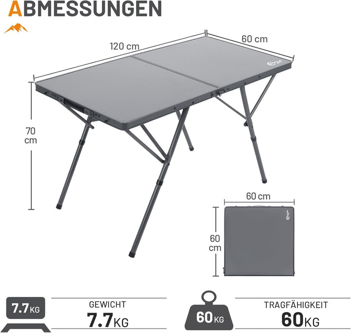 Portal Campingtisch faltbar 120x60cm extra grosse Tischplatte Aluminium Höhenverstellbar Klapptisch