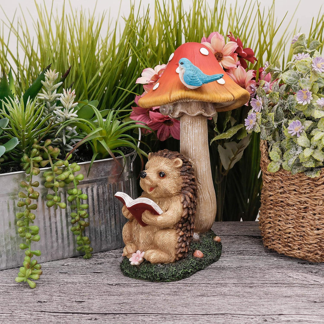 TERESA'S COLLECTIONS Gartendeko für Draussen Igel Gartenfigur mit Pilz Feengarten Figur Solar Garten
