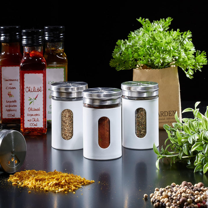 Relaxdays Gewürzstreuer, 12er Set, 3 Streugrade, Gewürze & Kräuter, Gewürzgläser, 90 ml, Glas & Edel