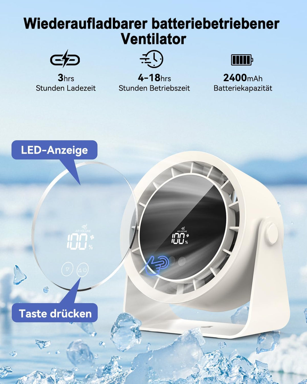Timiyou Tischventilator Leise 28dB mit 4 Stufen & Turbo, Aufladbarer Akku, 360° Drehen & Kippen, Dig