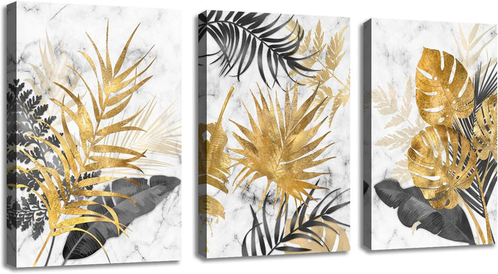 3 Teilig Leinwandbilder Bilder mit Rahmen Abstrakt Grau Gold Blätter bild auf leinwand Wandkunst Mod