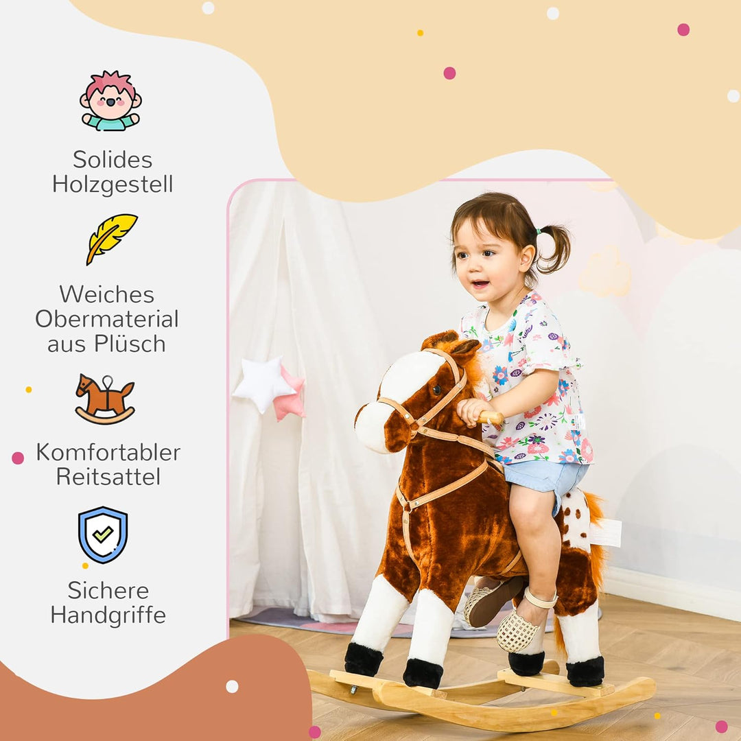 HOMCOM Kinder Schaukelpferd Schaukeltier Schaukelspielzeug Wiehern Braun 74x28x65cm, Braun