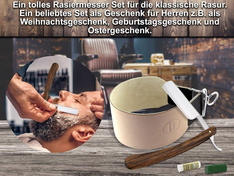 Solingen Schärf Paste im Rasiermesser Set mit extra breitem Leder Streichriemen und Holz Griff Rasie