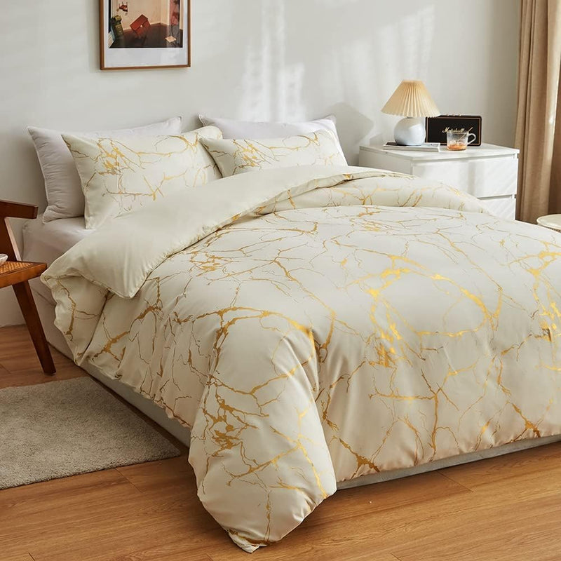 Bettwäsche 135x200 2er Set Beige Gold Aesthetic Marmor Microfaser Bettwäsche Set Luxus Modern Bettbe