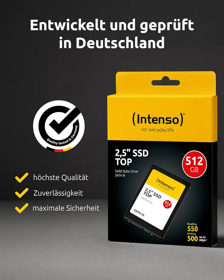 Intenso Interne 2,5" SSD SATA III Top, 512 GB, 550 MB/Sekunden, Schwarz 512GB Sata 2,5", 512GB Sata