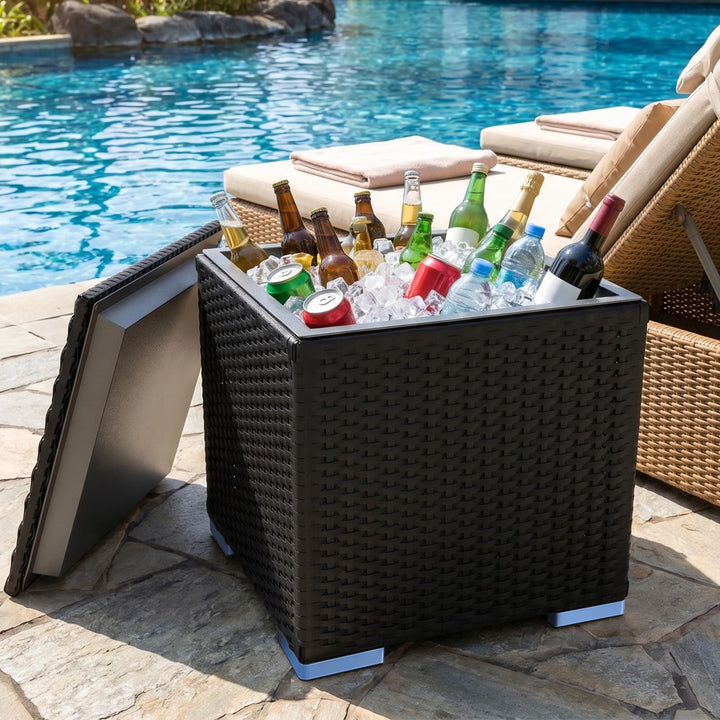 Kühlbox 40L 43x43x43cm – Quadratischer Getränkekühler mit PE Rattan Optik &amp; Doppelwandiger Stahleins
