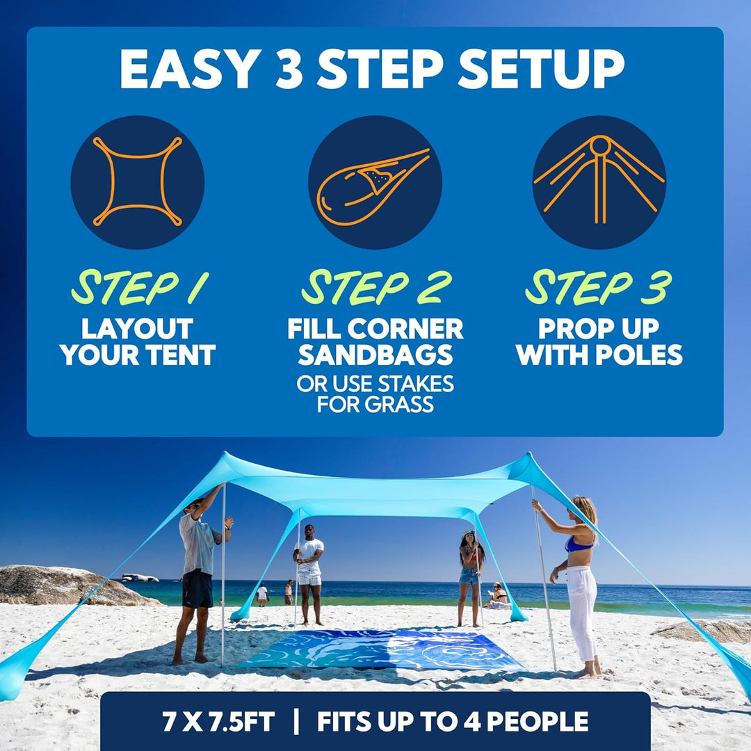 SUN NINJA Strandzelt, Sonnensegel LSF 50+, mit Sandschaufel, Heringen und Stabilitätsstangen, Schatt