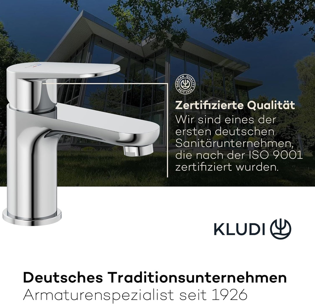 KLUDI-X1 Waschtischarmatur, Auslaufhöhe 75 mm, wassersparender Wasserhahn Bad Grösse S, Keramikkartu