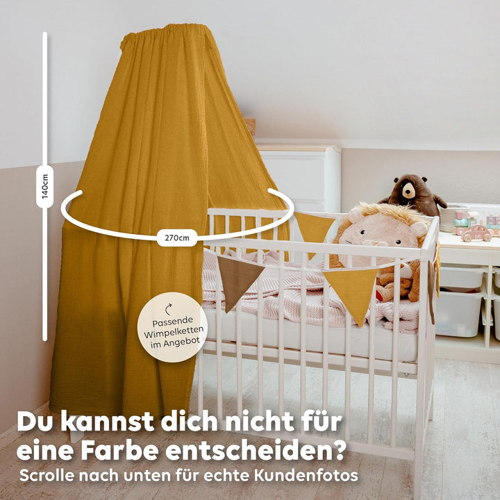 Betthimmel Babybett mit Gold Applikation in 12 Farben [inkl. Himmelstange] - Himmel Babybett aus 100