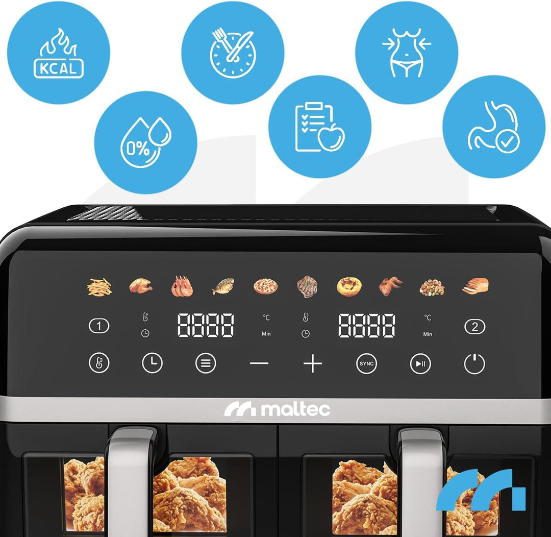 MalTec Heissluftfritteuse XL 2 kammern mit Sichtfenster, 10L Airfryer, Touchscreen, 2800 Watt, 10 Pr