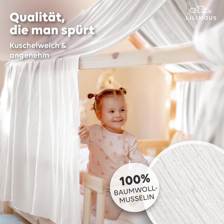 Hausbett Himmel [in 12 Farben] Betthimmel Hausbett aus 100% Baumwolle Musselin - Stoffhimmel für Hau
