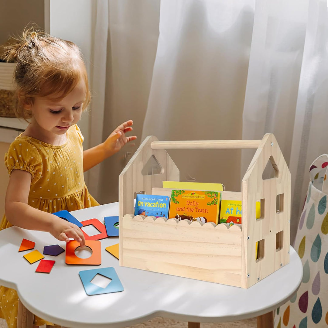 BüCherregal Kinder Kieferholz,NatüRliche Farbe Montessori BüCherregal Mit Griff 2 AblagefäChern,BüCh