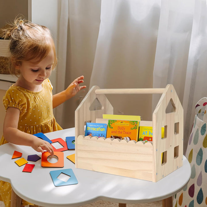 BüCherregal Kinder Kieferholz,NatüRliche Farbe Montessori BüCherregal Mit Griff 2 AblagefäChern,BüCh