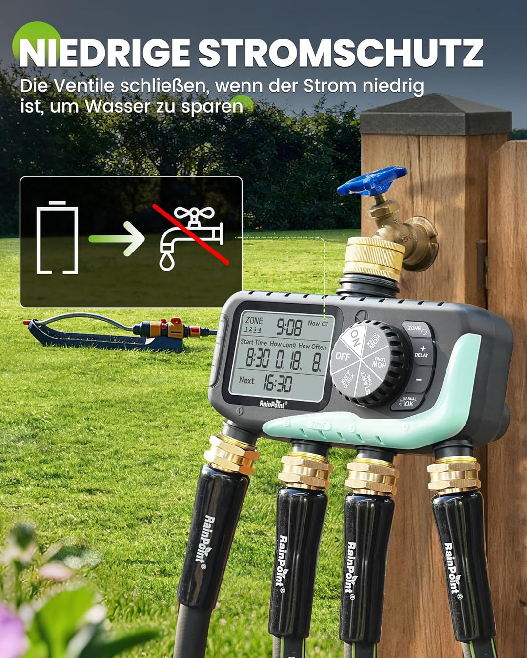 RAINPOINT Bewässerungscomputer 4 Ausgänge, Messing Einlass und Auslass, IP65 Wasserdicht Wasserzeits