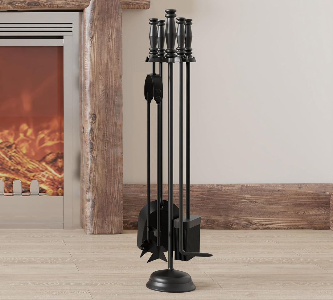 Kingson Kaminbesteck 4-teilig - Griff & Ständer aus Gusseisen - inklusive Schaufel, Schürhaken, Bürs