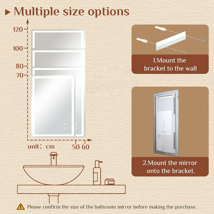 Clevich Badspiegel mit Beleuchtung 120×60 cm, LED Spiegel mit 3 Lichtfarben Dimmbar, Gehärtetes Glas