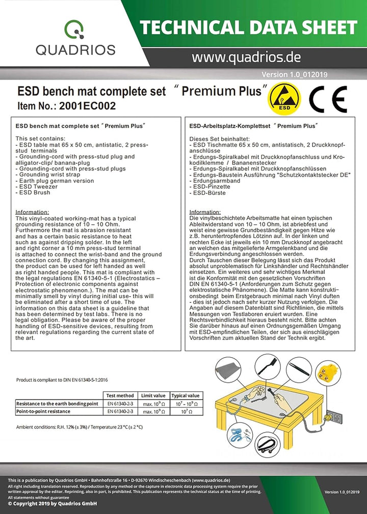 GmbH ESD Schutz Komplettset,Premium Plus' prof. Arbeitsplatz Antistatik Matte 65 x 50 cm ESD-Pinsel,