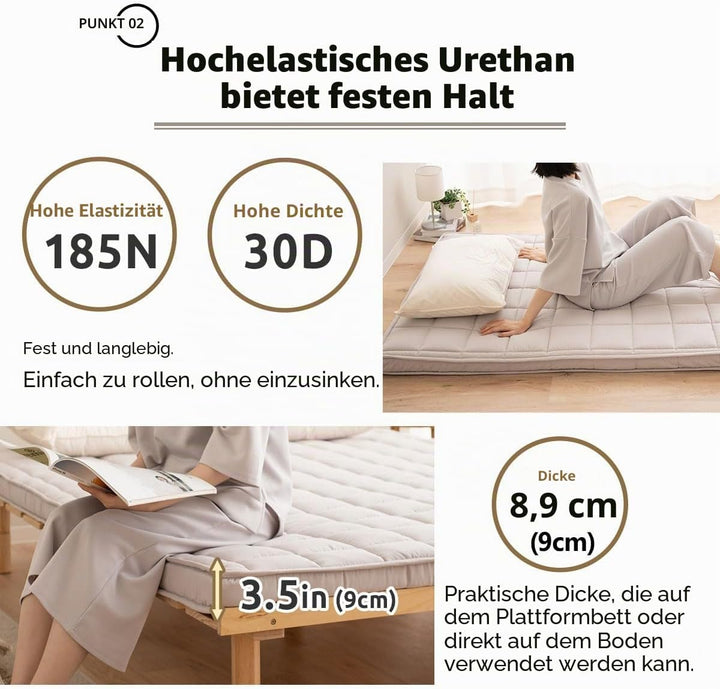EMOOR Japanische Gepolsterte Futon-Matratze Machi 140 x 202 cm Grau, Zwickel Faltbar Verstaubar Elas