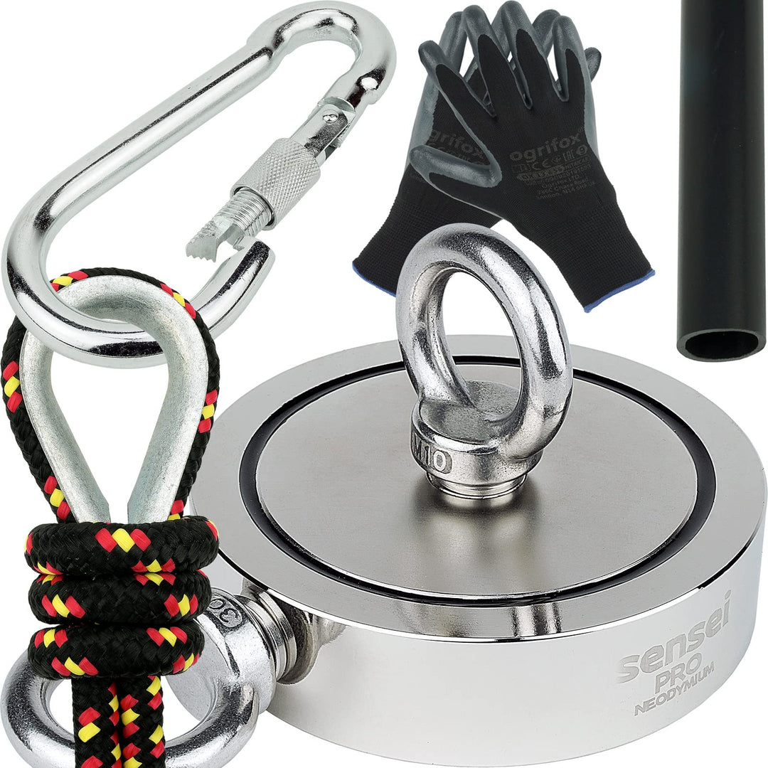 SENSEI Set 500 kg, Doppelseitiger N52 Neodym-Magnet mit 2 Ösen, Ø11,6 x H3 cm, Segelseil 25 m, Schut
