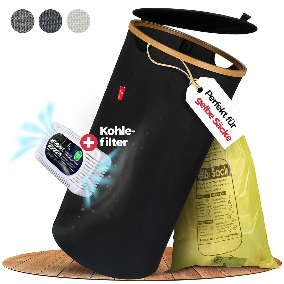 Levio® Gelber Sack Ständer mit Deckel – Müllsackhalter & Müllsackständer [80L mit Geruchsfilter] – M