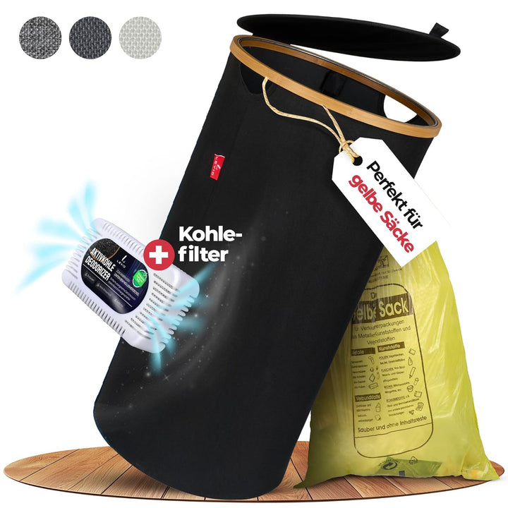 Levio® Gelber Sack Ständer mit Deckel – Müllsackhalter & Müllsackständer [80L mit Geruchsfilter] – M