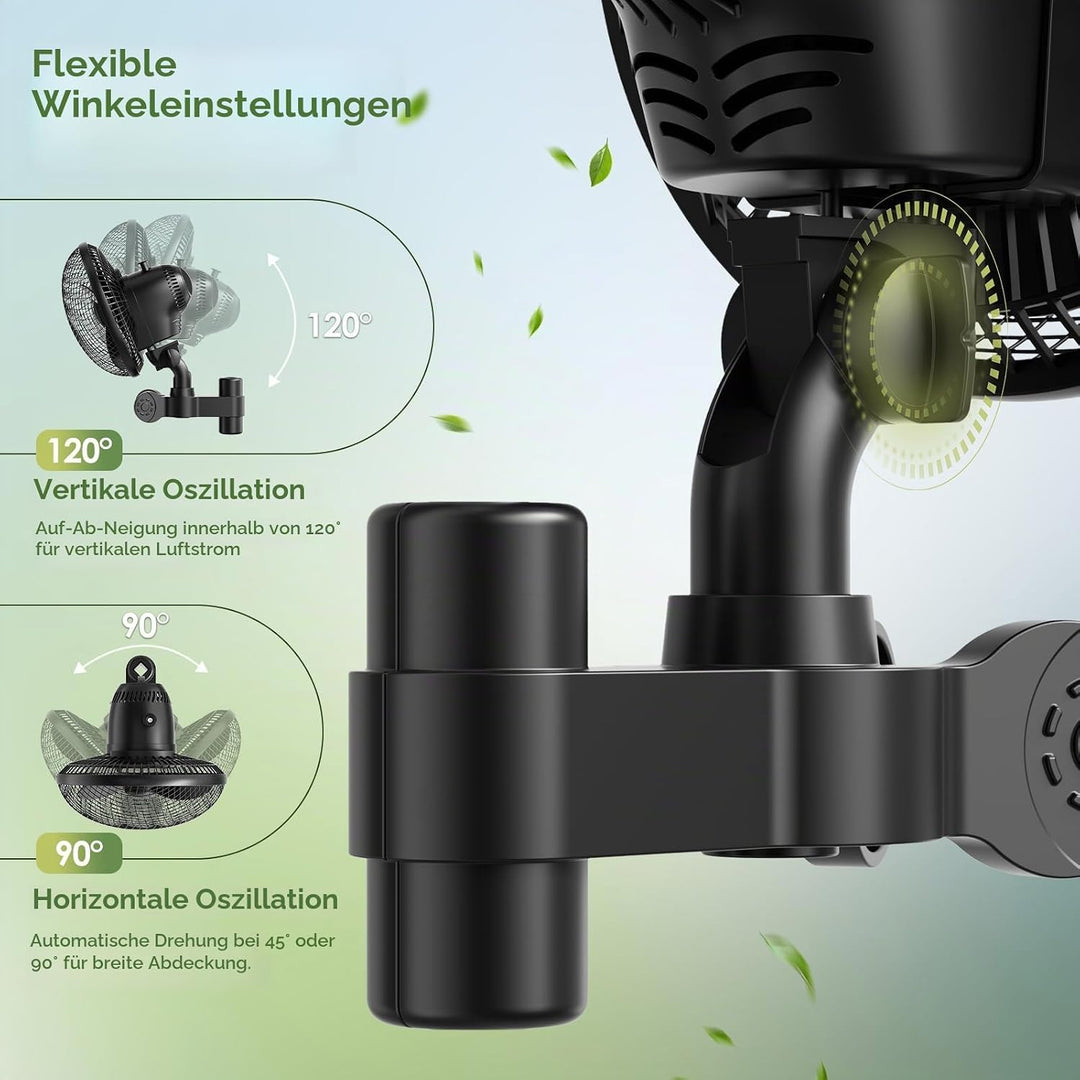 Grow Ventilator mit Clip, 20W Oszillierender Lüfter, 2 Geschwindigkeiten, 90°/120° Doppelschwenk, 31