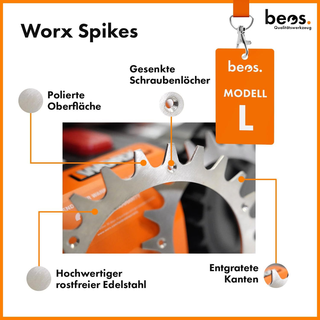 BEOS® PREMIUM EDELSTAHL Spikes für Modell Worx L -Poliert -Gesenkte Schraubenlöcher-Entgratet- 12x E