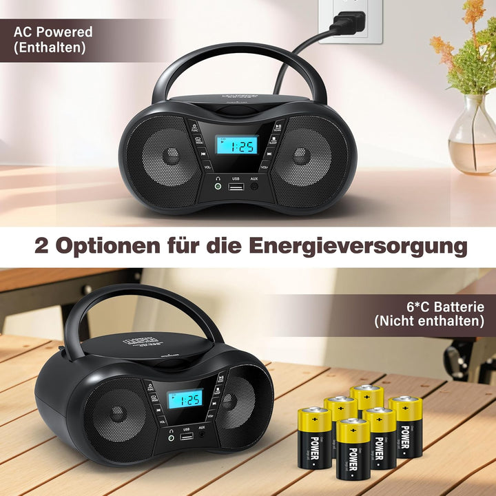 Greadio Tragbarer CD Player Bluetooth 5.1, Boombox Radio mit CD-Player, USB, AUX-In, Netz- und Batte