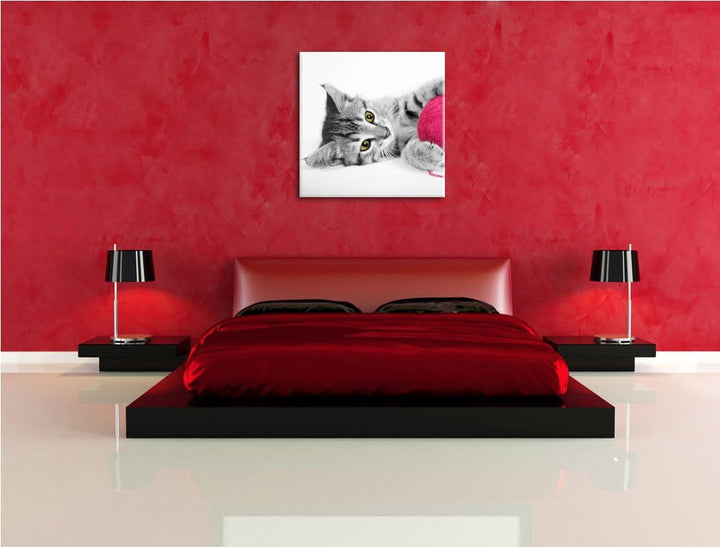 Pixxprint süsses Kätzchen mit Wollknäuel schwarz/weiss, Format: 70x70 auf Leinwand, 70x70