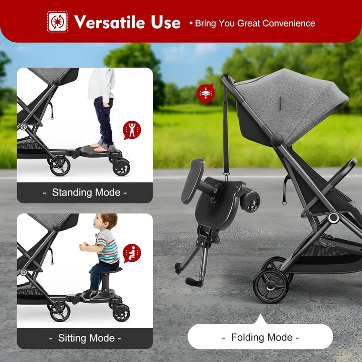 Buggy Board Universal Trittbrett für Kinderwagen, mitfahrbrett mit abnehmbarem Sitz bis 25kg, kompat